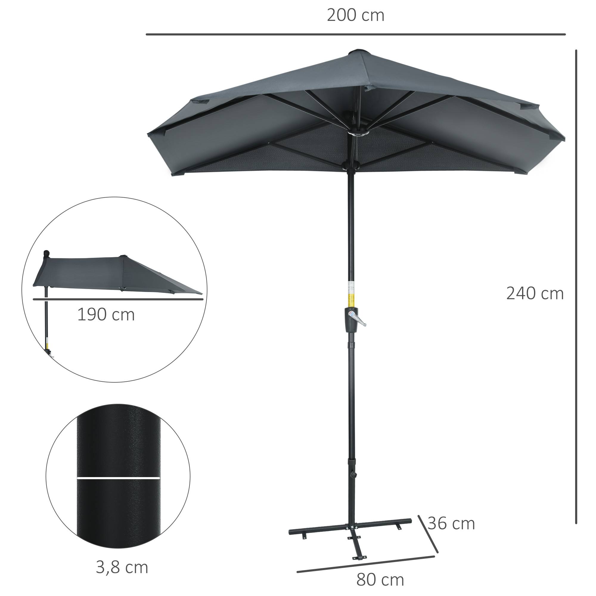 Demi-Parasol Mural Acier pour Balcon Terrasse avec Manivelle et Base Gris 200x190 cm - ComfortXL Outdoor Living - Image 5