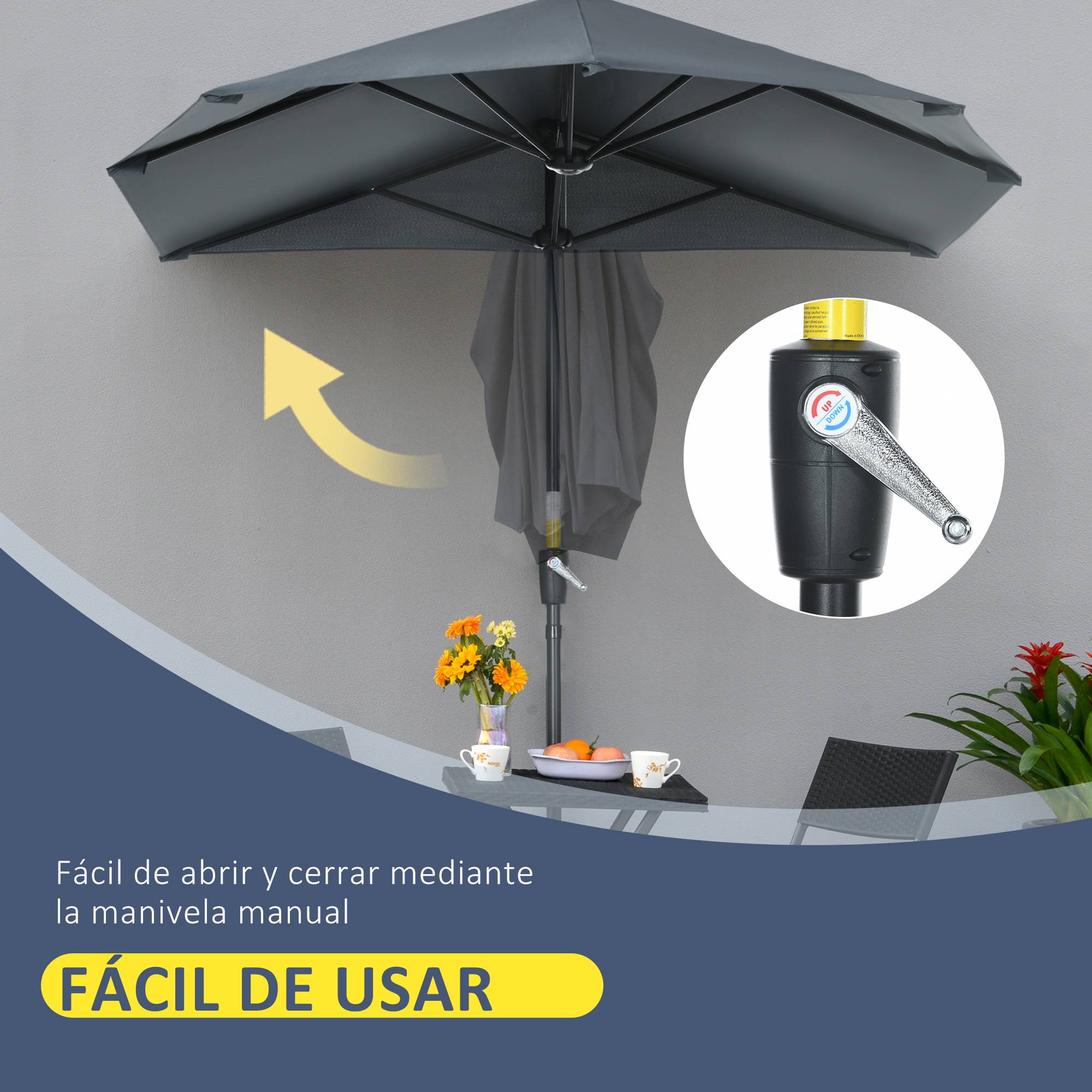 Demi-Parasol Mural Acier pour Balcon Terrasse avec Manivelle et Base Gris 200x190 cm - ComfortXL Outdoor Living - Image 7