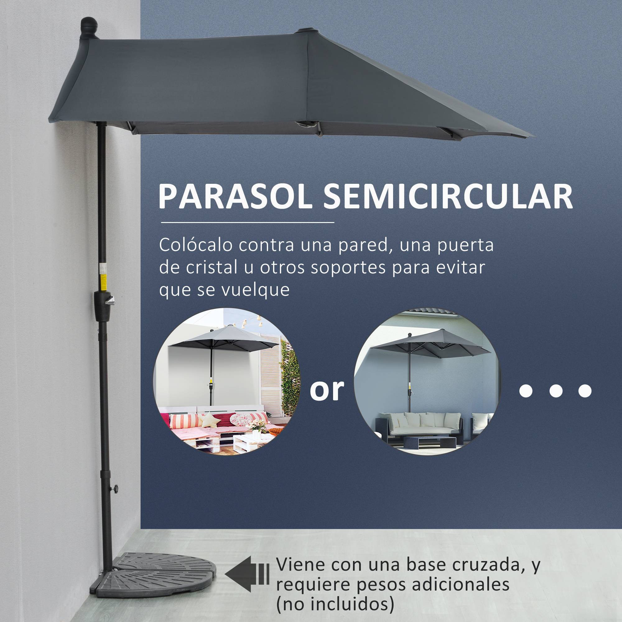Demi-Parasol Mural Acier pour Balcon Terrasse avec Manivelle et Base Gris 200x190 cm - ComfortXL Outdoor Living - Image 6