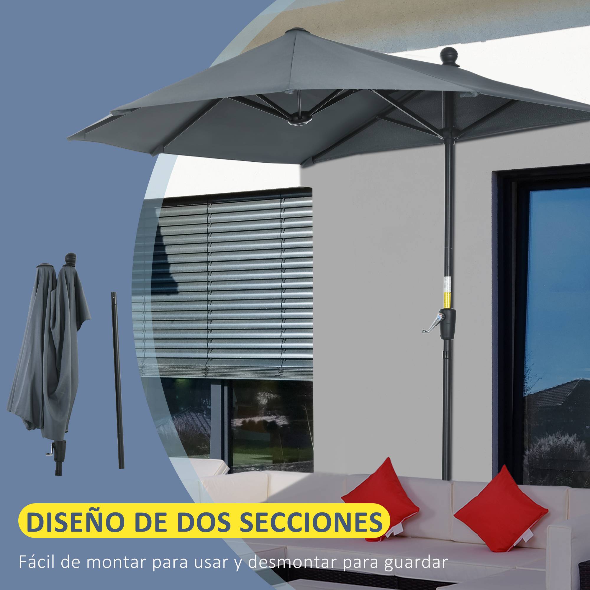 Demi-Parasol Mural Acier pour Balcon Terrasse avec Manivelle et Base Gris 200x190 cm - ComfortXL Outdoor Living - Image 8