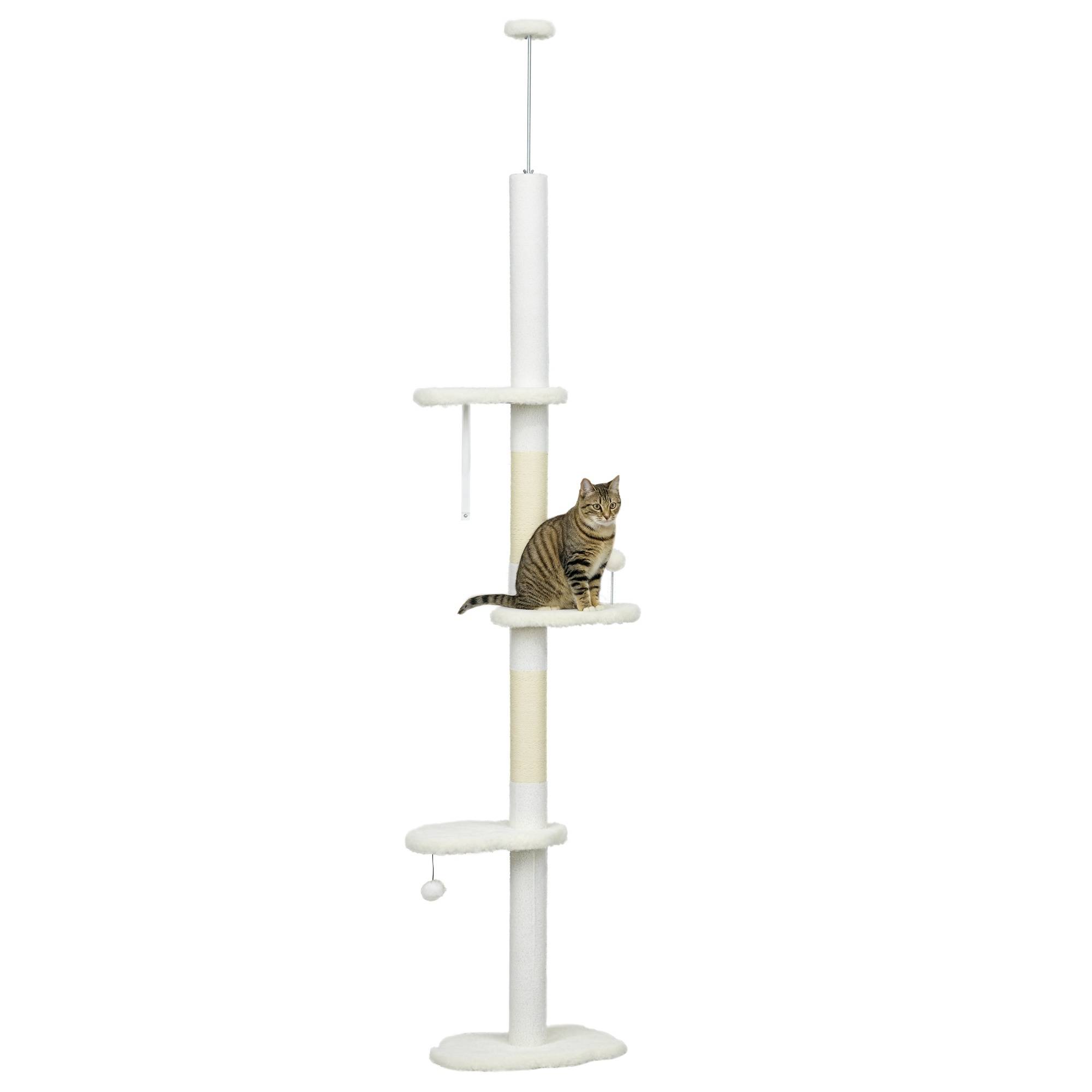 Arbre à chat plafond hauteur variable 2,25-2,55 m plateformes anti-bascule balles blanc - Image 1
