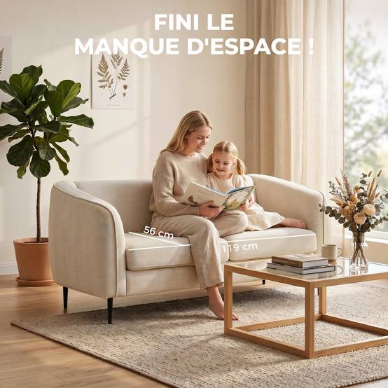 Canapé 2 places en velours, canapé de salon moderne 160 cm, assise large rembourrée, coussin épais à ressorts, beige - Image 6