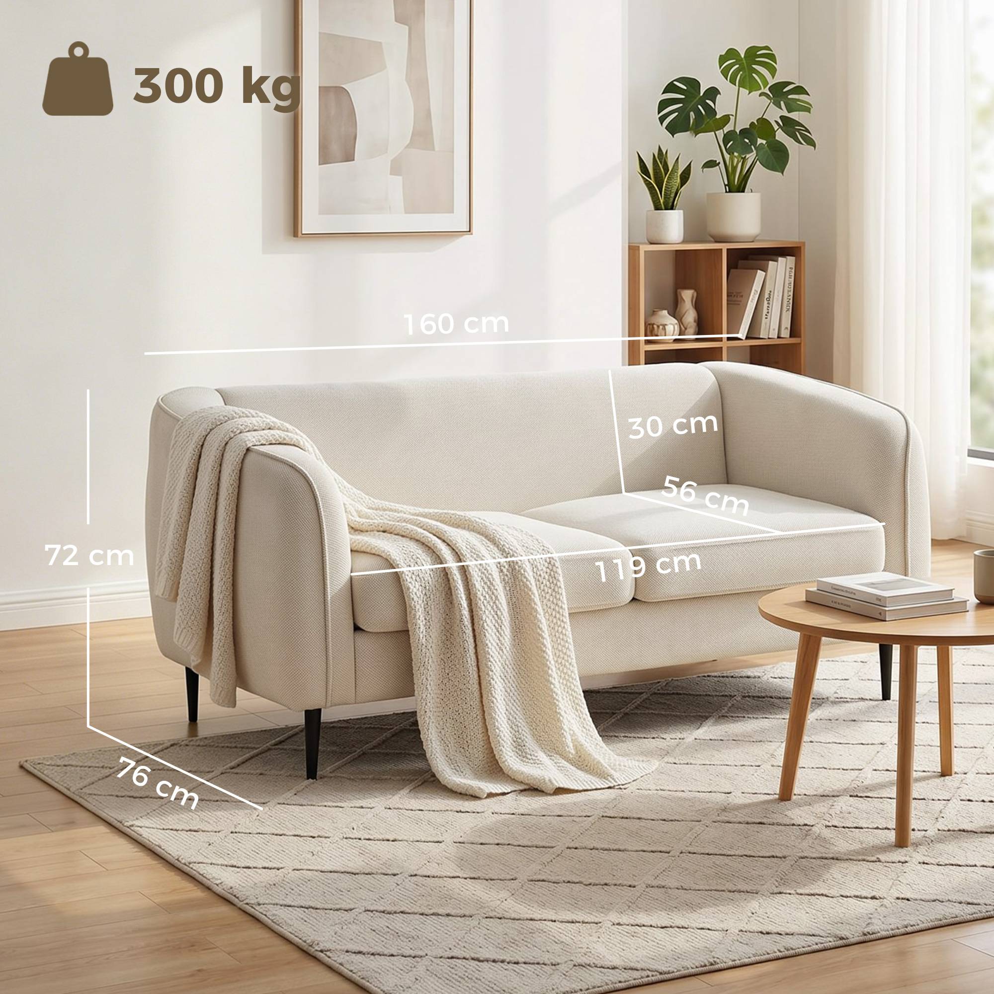 Canapé 2 places en velours, canapé de salon moderne 160 cm, assise large rembourrée, coussin épais à ressorts, beige - Image 5