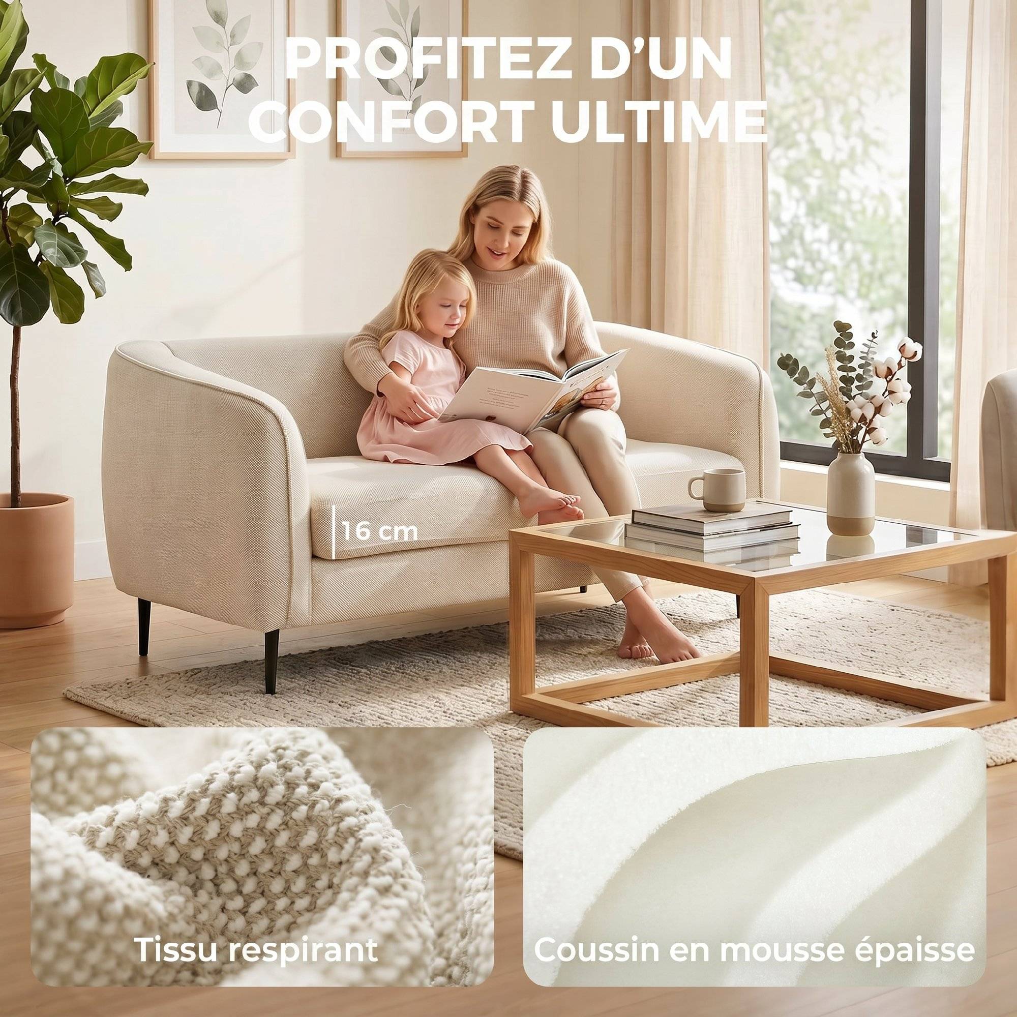 Canapé 2 places en velours, canapé de salon moderne 160 cm, assise large rembourrée, coussin épais à ressorts, beige - Image 8