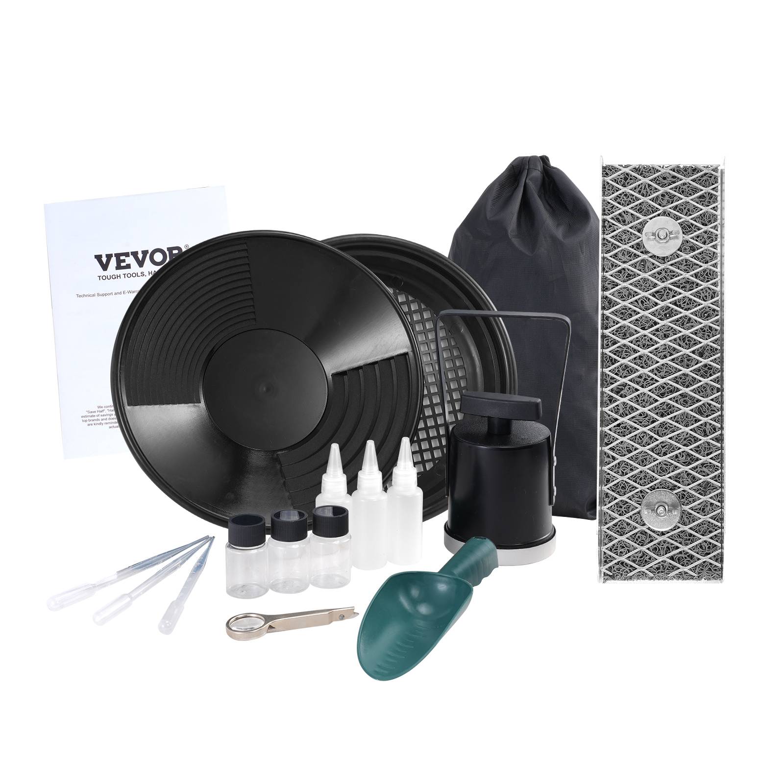 VEVOR Kit orpaillage portable 16 pièces, rampe 30.5cm alu, avec batée, tamis, pipettes, pelle, sac. - Image 1