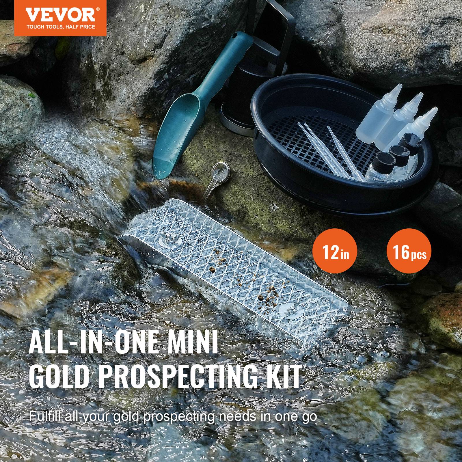VEVOR Kit orpaillage portable 16 pièces, rampe 30.5cm alu, avec batée, tamis, pipettes, pelle, sac. - Image 2