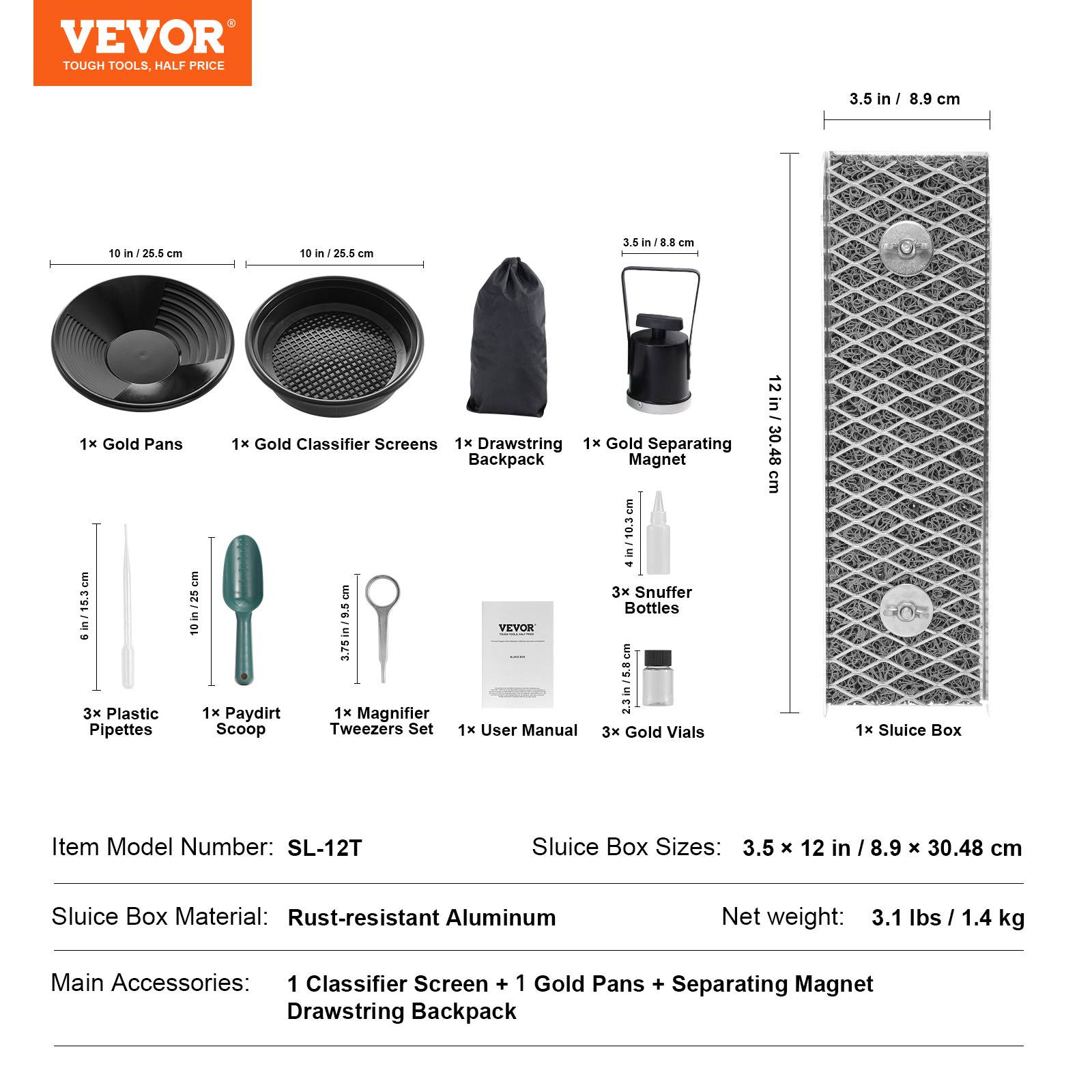VEVOR Kit orpaillage portable 16 pièces, rampe 30.5cm alu, avec batée, tamis, pipettes, pelle, sac. - Image 7