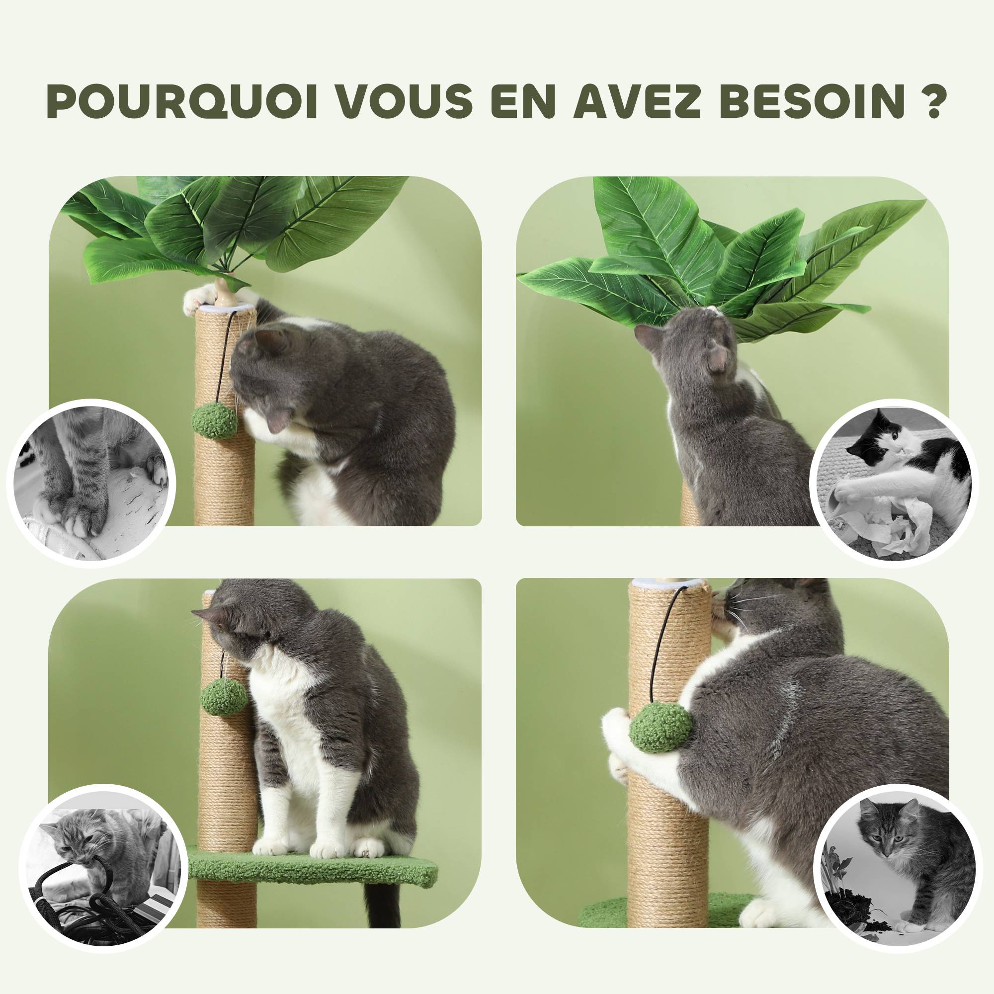 Arbre à chat jute et peluche vert 40 x 40 x 83 cm - PANGIVO - Image 8