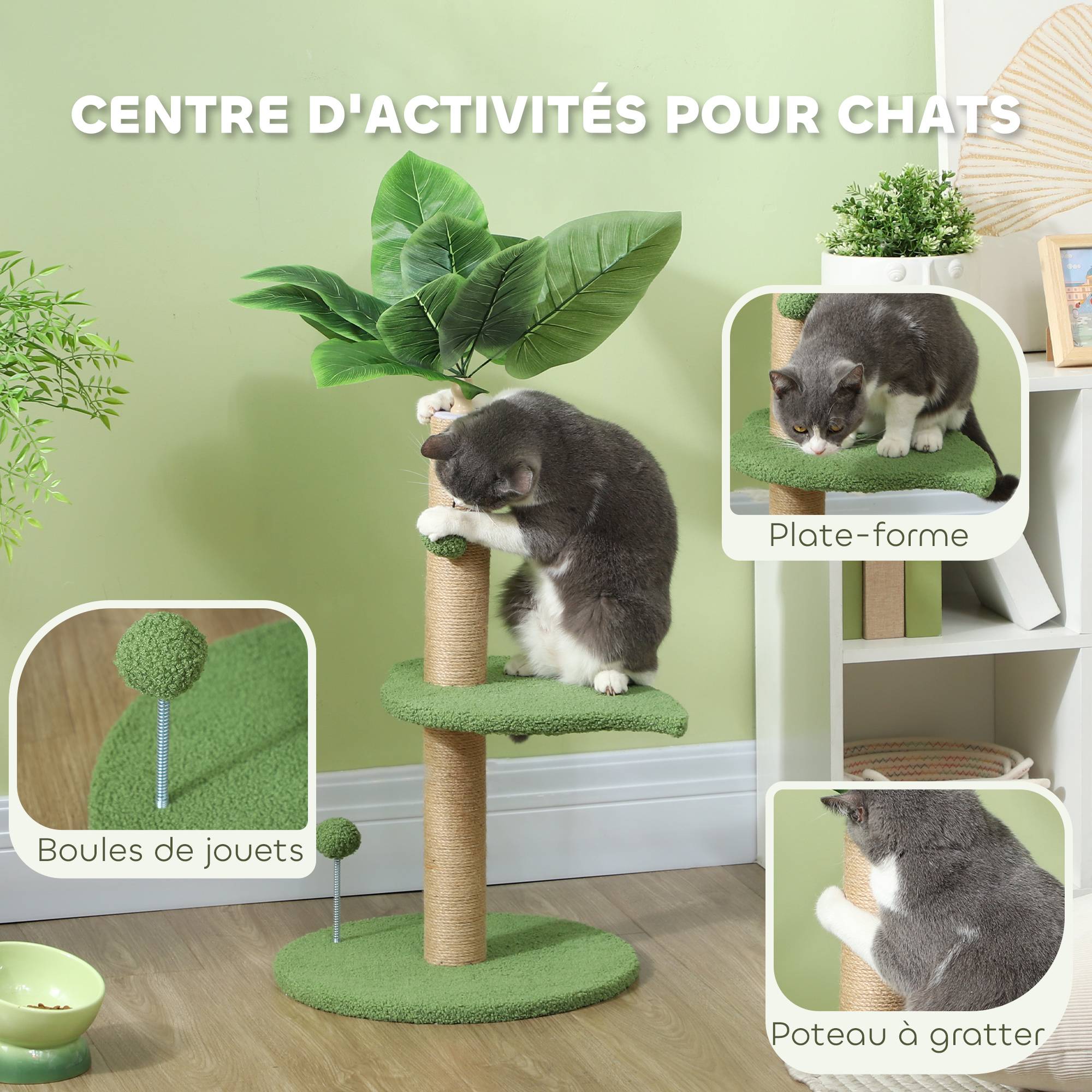 Arbre à chat jute et peluche vert 40 x 40 x 83 cm - PANGIVO - Image 7