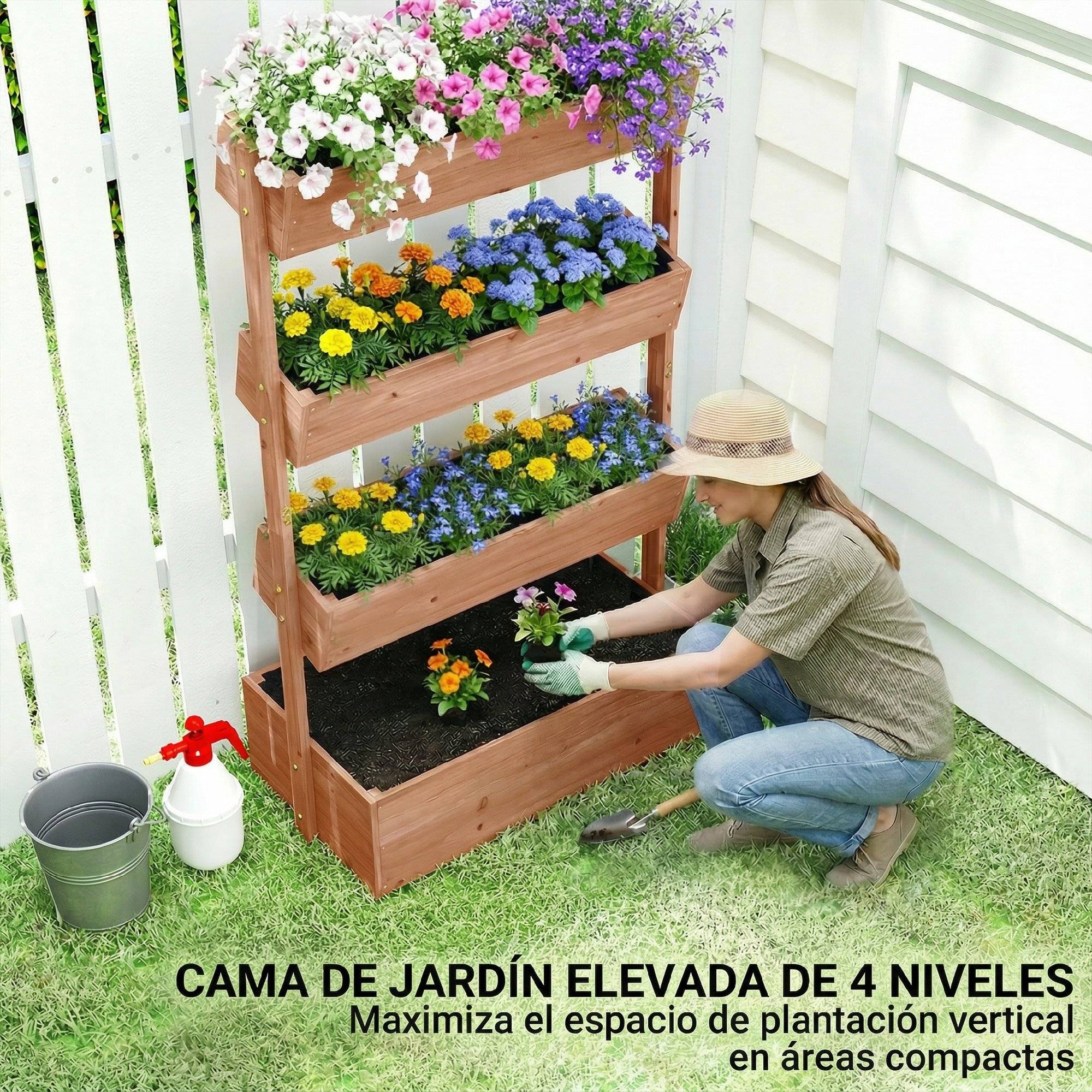 Jardinière en bois à 4 niveaux, surélevée pour l'extérieur avec trous de drainage, en tissu non tissé marron - Image 6