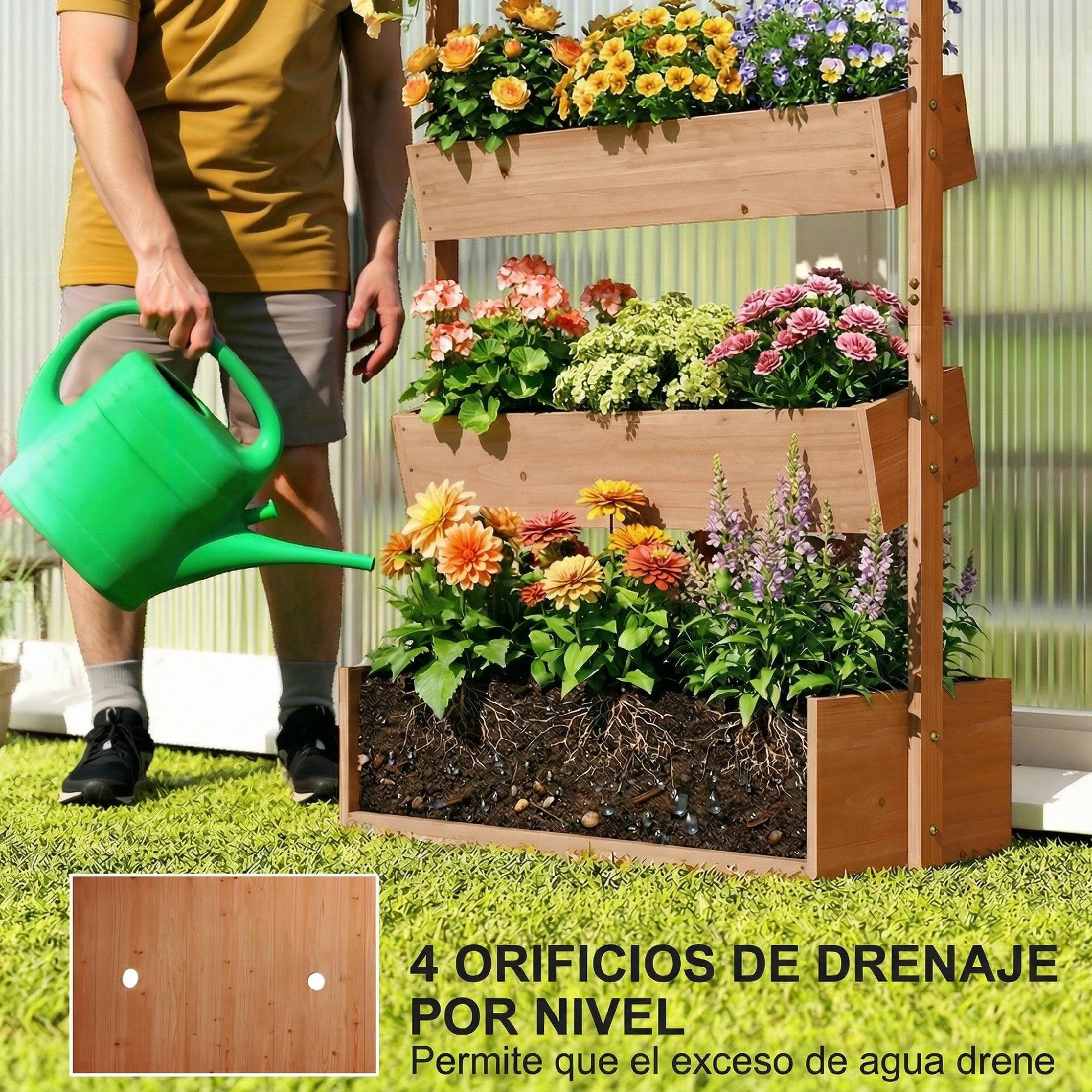 Jardinière en bois à 4 niveaux, surélevée pour l'extérieur avec trous de drainage, en tissu non tissé marron - Image 8