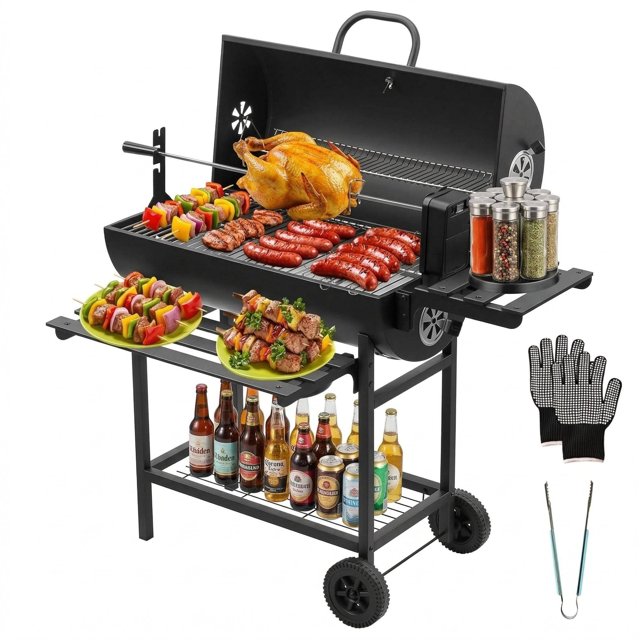 Grand barbecue, charbon de bois, avec grille à poulet, gants, clip - Image 1