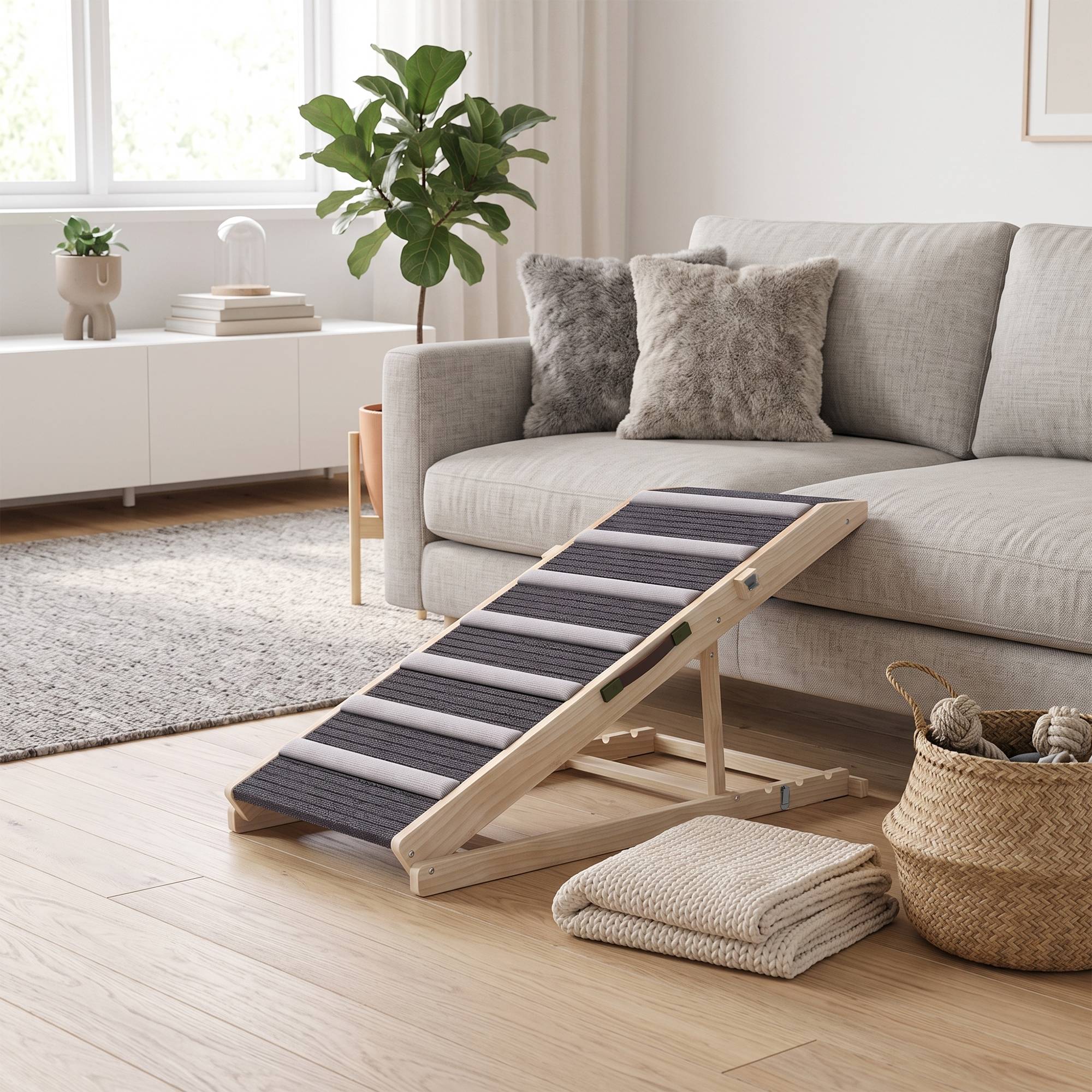 ComfortXL - Rampe pour chien pliable en pin massif naturel avec tapis gris 100 x 50 x 50 cm pour lit et voiture à hauteur réglable - Image 8