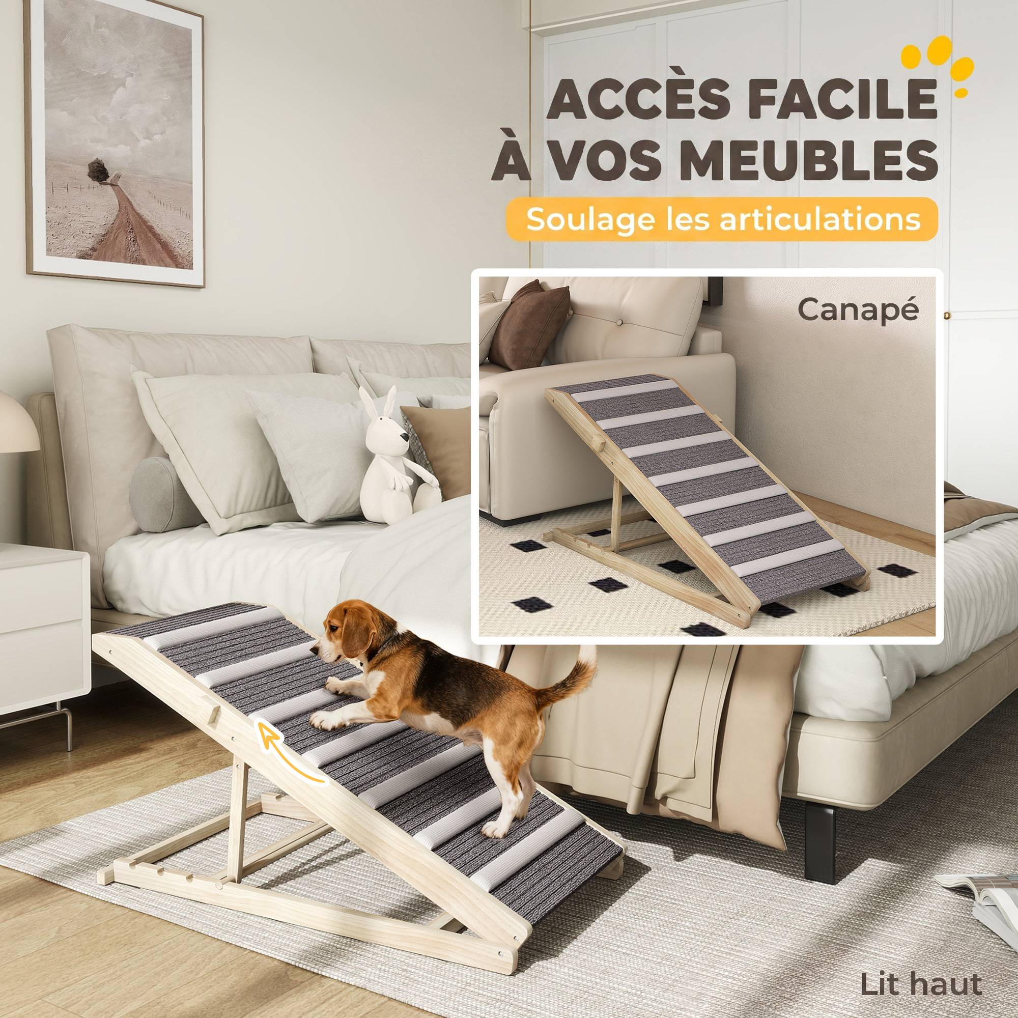 ComfortXL - Rampe pour chien pliable en pin massif naturel avec tapis gris 100 x 50 x 50 cm pour lit et voiture à hauteur réglable - Image 4