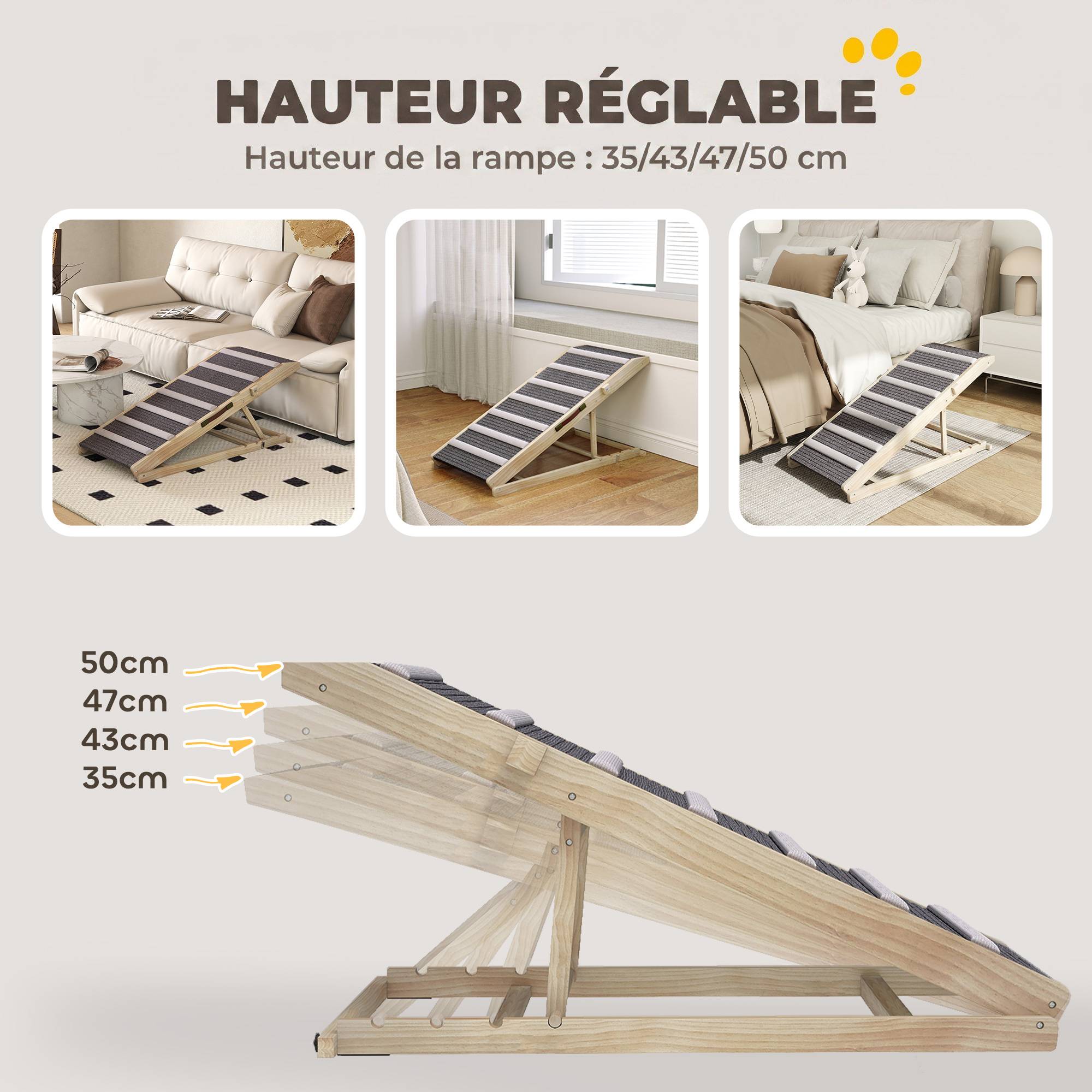 ComfortXL - Rampe pour chien pliable en pin massif naturel avec tapis gris 100 x 50 x 50 cm pour lit et voiture à hauteur réglable - Image 6