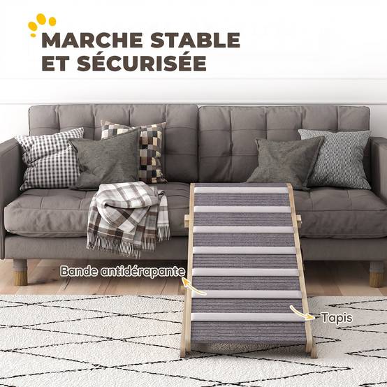 ComfortXL - Rampe pour chien pliable en pin massif naturel avec tapis gris 100 x 50 x 50 cm pour lit et voiture à hauteur réglable - Image 5
