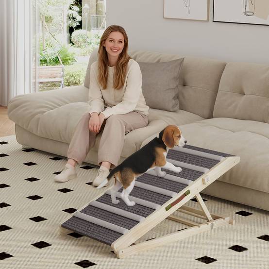 ComfortXL - Rampe pour chien pliable en pin massif naturel avec tapis gris 100 x 50 x 50 cm pour lit et voiture à hauteur réglable - Image 1