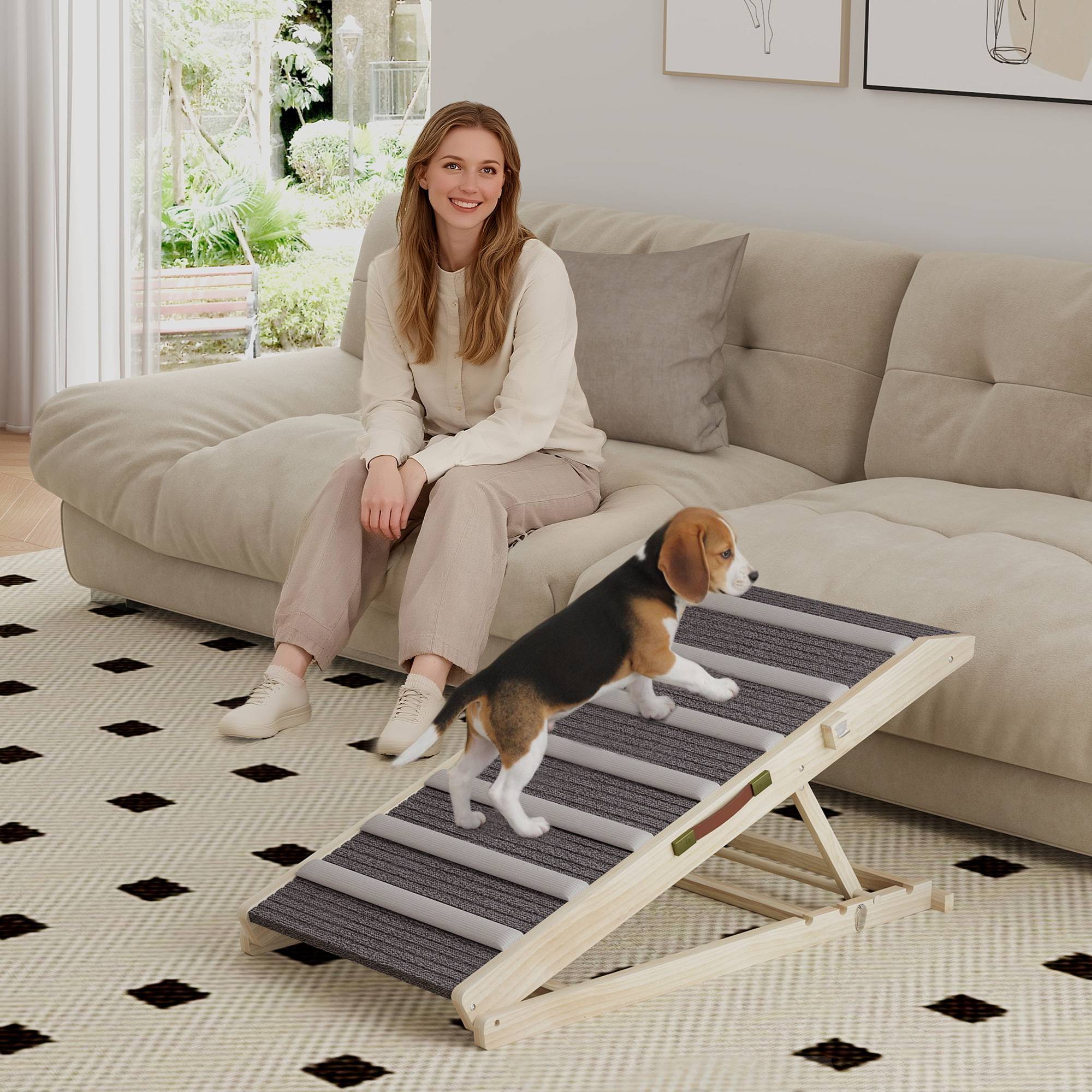 ComfortXL - Rampe pour chien pliable en pin massif naturel avec tapis gris 100 x 50 x 50 cm pour lit et voiture à hauteur réglable - Image 1