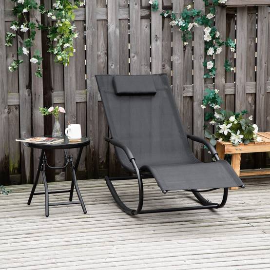 Fauteuil à bascule relax acier zingué textilène terrasse ergonomique appuie-tête noir - ComfortXL Outdoor Living - Image 3