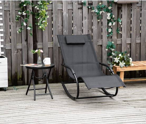 Fauteuil à bascule relax acier zingué textilène terrasse ergonomique appuie-tête noir - ComfortXL Outdoor Living - Image 2