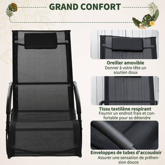 Fauteuil à bascule relax acier zingué textilène terrasse ergonomique appuie-tête noir - ComfortXL Outdoor Living - Image 7