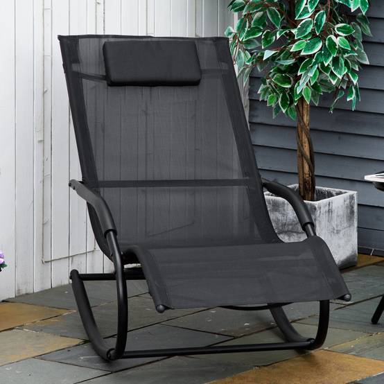 Fauteuil à bascule relax acier zingué textilène terrasse ergonomique appuie-tête noir - ComfortXL Outdoor Living - Image 4