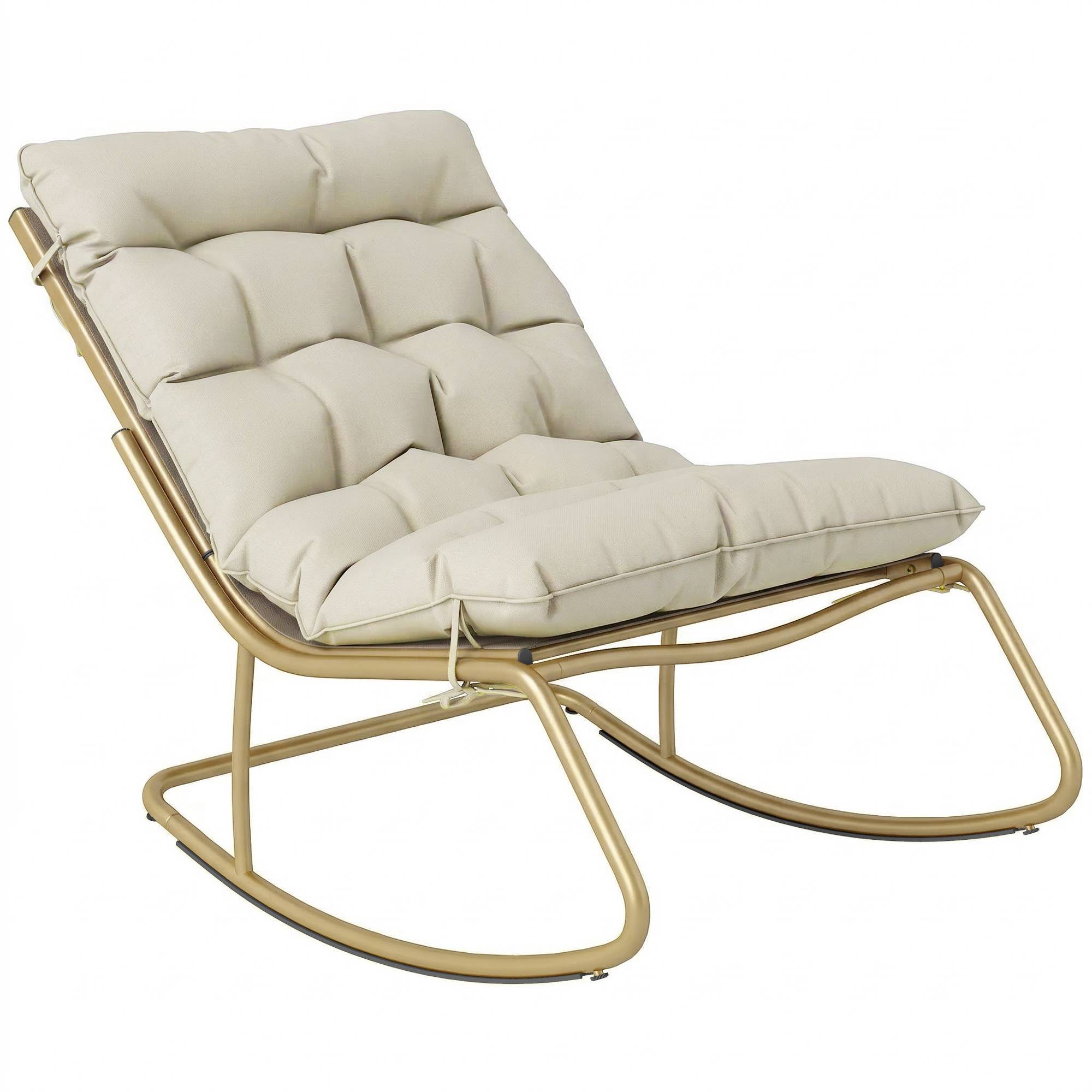 Fauteuil à Bascule Extérieur Coussin Moelleux 125cm Large 64cm en Acier et Textilène Beige et Doré - Image 1