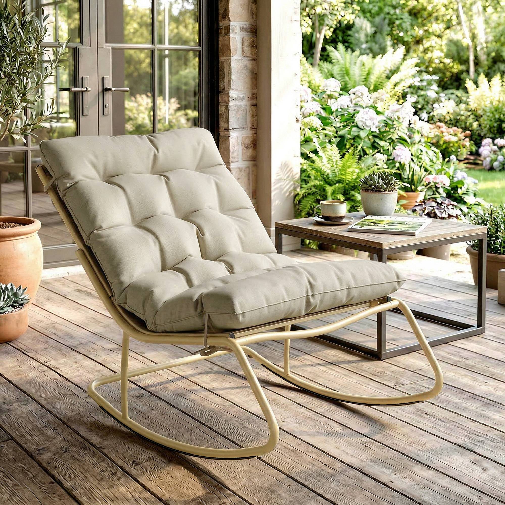 Fauteuil à Bascule Extérieur Coussin Moelleux 125cm Large 64cm en Acier et Textilène Beige et Doré - Image 3