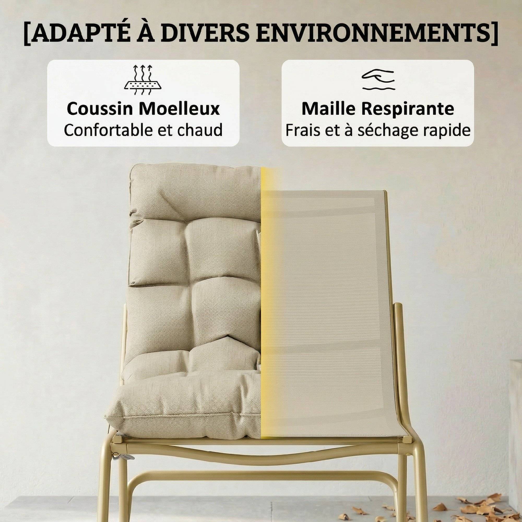 Fauteuil à Bascule Extérieur Coussin Moelleux 125cm Large 64cm en Acier et Textilène Beige et Doré - Image 8