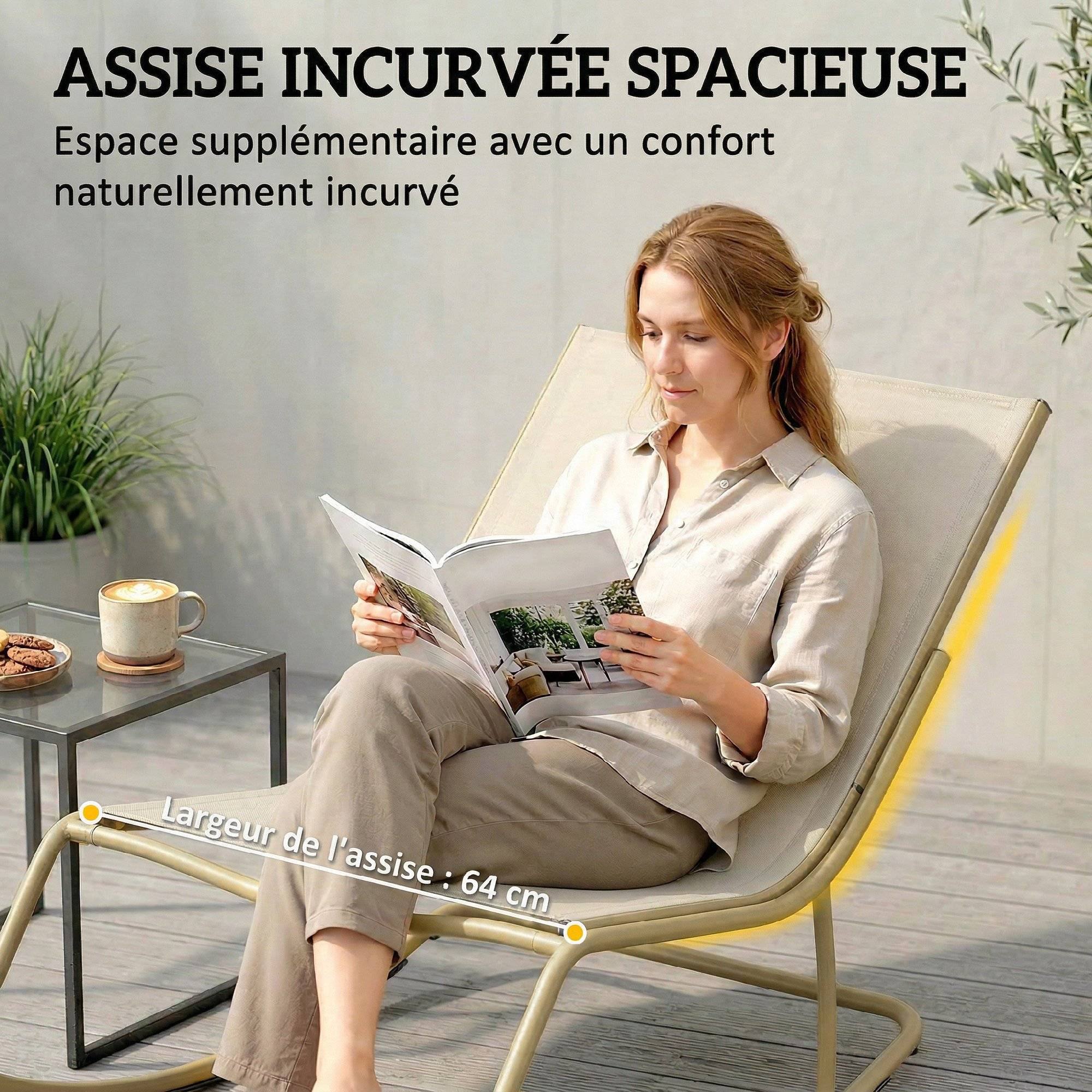 Fauteuil à Bascule Extérieur Coussin Moelleux 125cm Large 64cm en Acier et Textilène Beige et Doré - Image 7