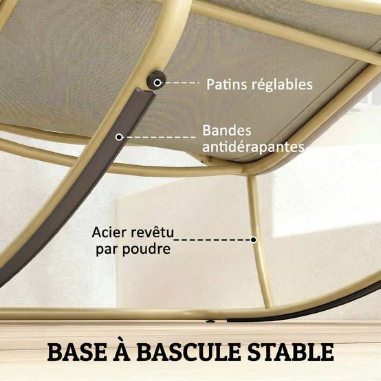 Fauteuil à Bascule Extérieur Coussin Moelleux 125cm Large 64cm en Acier et Textilène Beige et Doré - Image 9