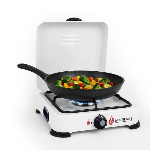Plaque de cuisson gaz 1 feu 1500W Brûleur acier Réchaud Gaz butane ou propane Blanc laqué Grille Couvercle - Image 1