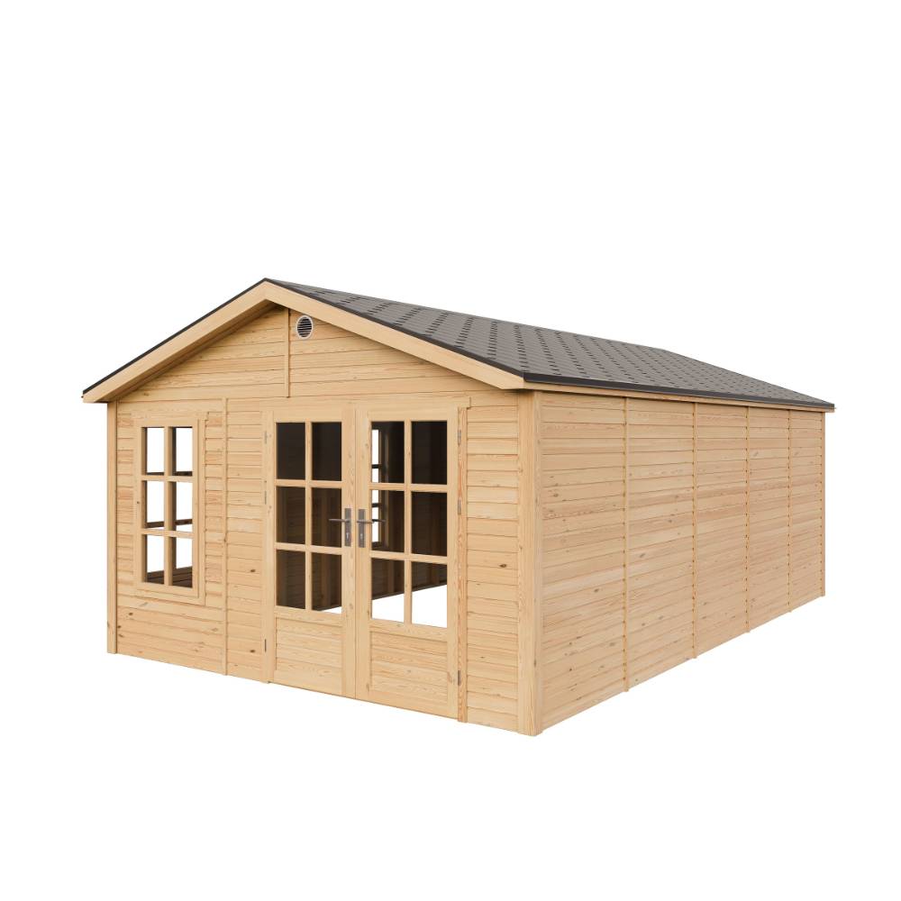 Timbela - Abri de jardin en bois - 21,97 m² - 630x382xH267 cm - sans plancher avec bardeaux bitumineux couleur gris - 17 mm d’épaisseur - Timbela M737A - Image 4