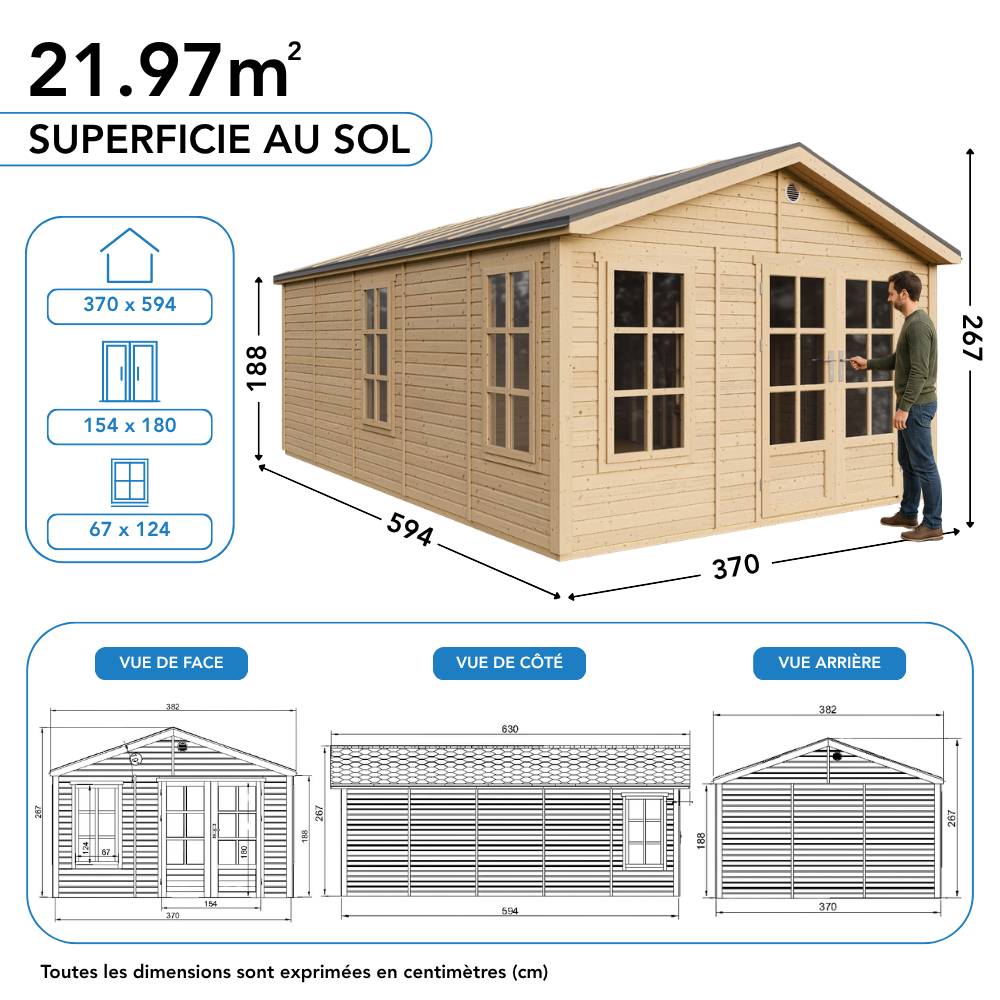 Timbela - Abri de jardin en bois - 21,97 m² - 630x382xH267 cm - sans plancher avec bardeaux bitumineux couleur gris - 17 mm d’épaisseur - Timbela M737A - Image 6