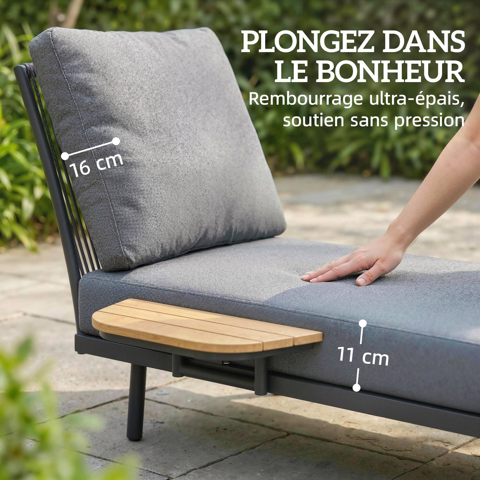 Maison Chic - Chaise Longue de Jardin avec Coussins Lavables en Oléfine et Étagère Latérale, Cadre en Métal, 58x137x75cm, Gris - Image 6