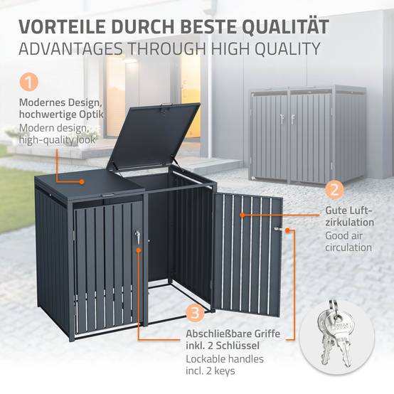Abri pour 2 poubelles 132x80x116,3 cm 60 à 240 litres par compartiment anthracite acier couvercle rabattable et 2 portes résistant aux intempéries - Image 4