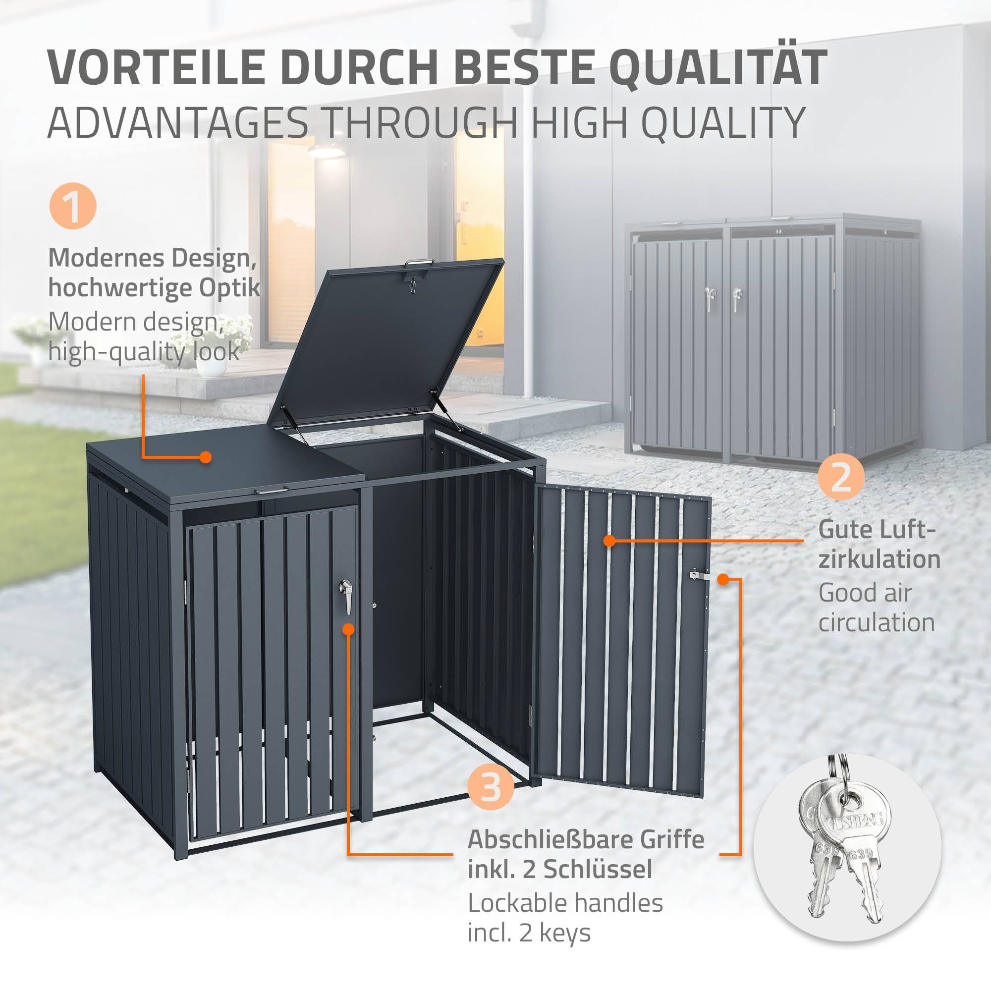 Abri pour 2 poubelles 132x80x116,3 cm 60 à 240 litres par compartiment anthracite acier couvercle rabattable et 2 portes résistant aux intempéries - Image 4