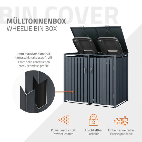 Abri pour 2 poubelles 132x80x116,3 cm 60 à 240 litres par compartiment anthracite acier couvercle rabattable et 2 portes résistant aux intempéries - Image 3
