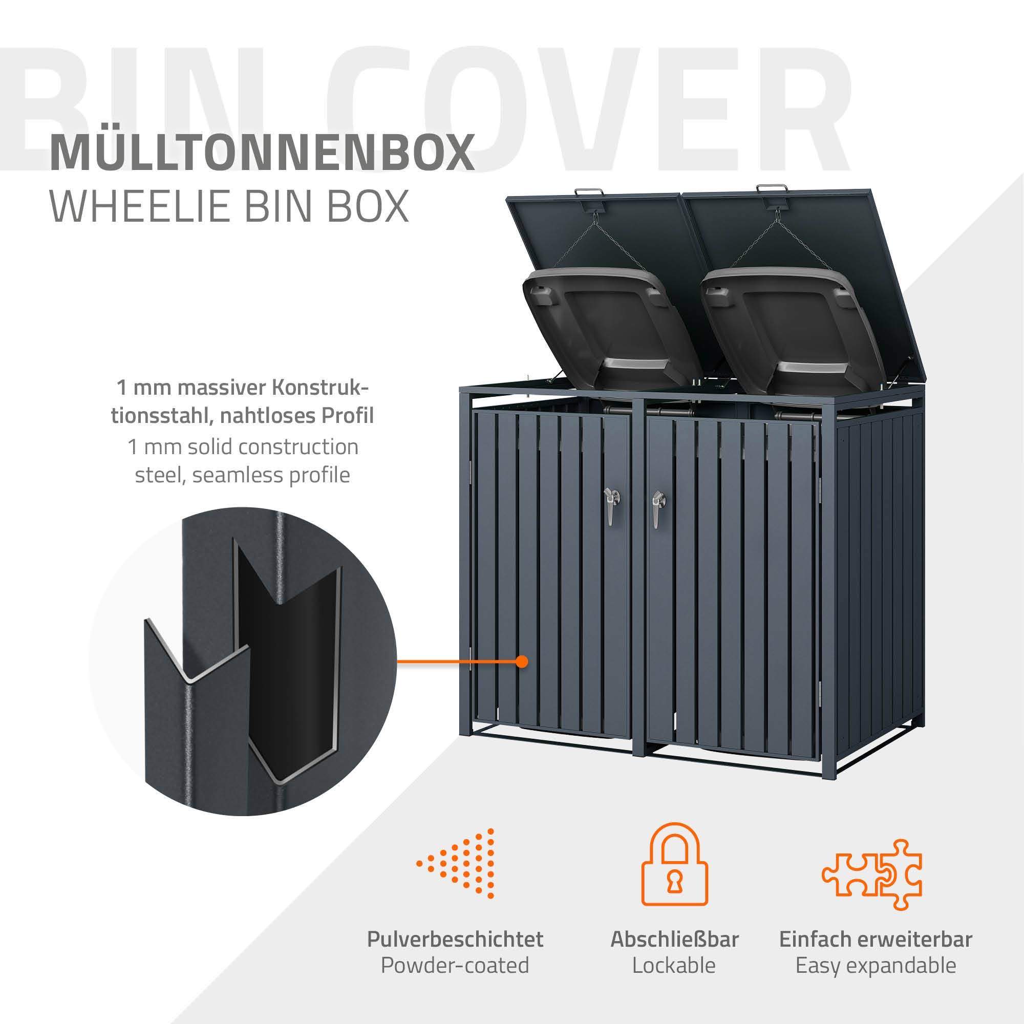 Abri pour 2 poubelles 132x80x116,3 cm 60 à 240 litres par compartiment anthracite acier couvercle rabattable et 2 portes résistant aux intempéries - Image 3