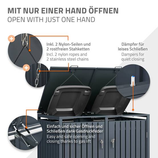 Abri pour 2 poubelles 132x80x116,3 cm 60 à 240 litres par compartiment anthracite acier couvercle rabattable et 2 portes résistant aux intempéries - Image 5