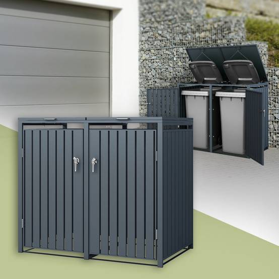 Abri pour 2 poubelles 132x80x116,3 cm 60 à 240 litres par compartiment anthracite acier couvercle rabattable et 2 portes résistant aux intempéries - Image 2