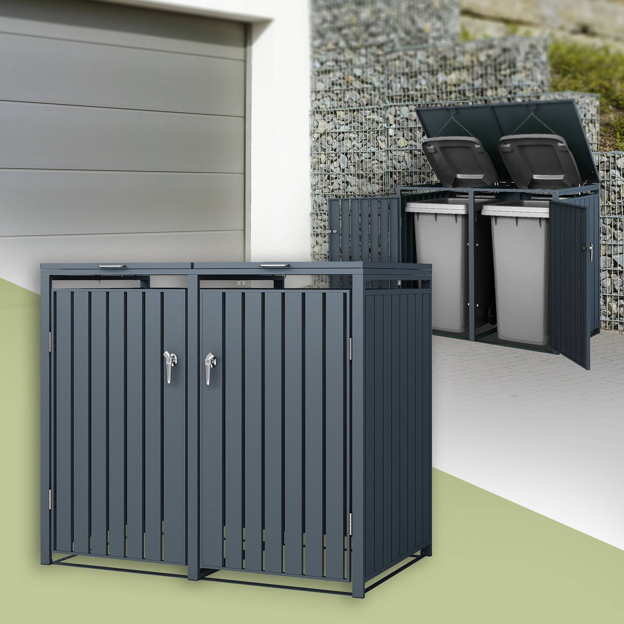 Abri pour 2 poubelles 132x80x116,3 cm 60 à 240 litres par compartiment anthracite acier couvercle rabattable et 2 portes résistant aux intempéries - Image 2