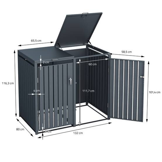 Abri pour 2 poubelles 132x80x116,3 cm 60 à 240 litres par compartiment anthracite acier couvercle rabattable et 2 portes résistant aux intempéries - Image 8