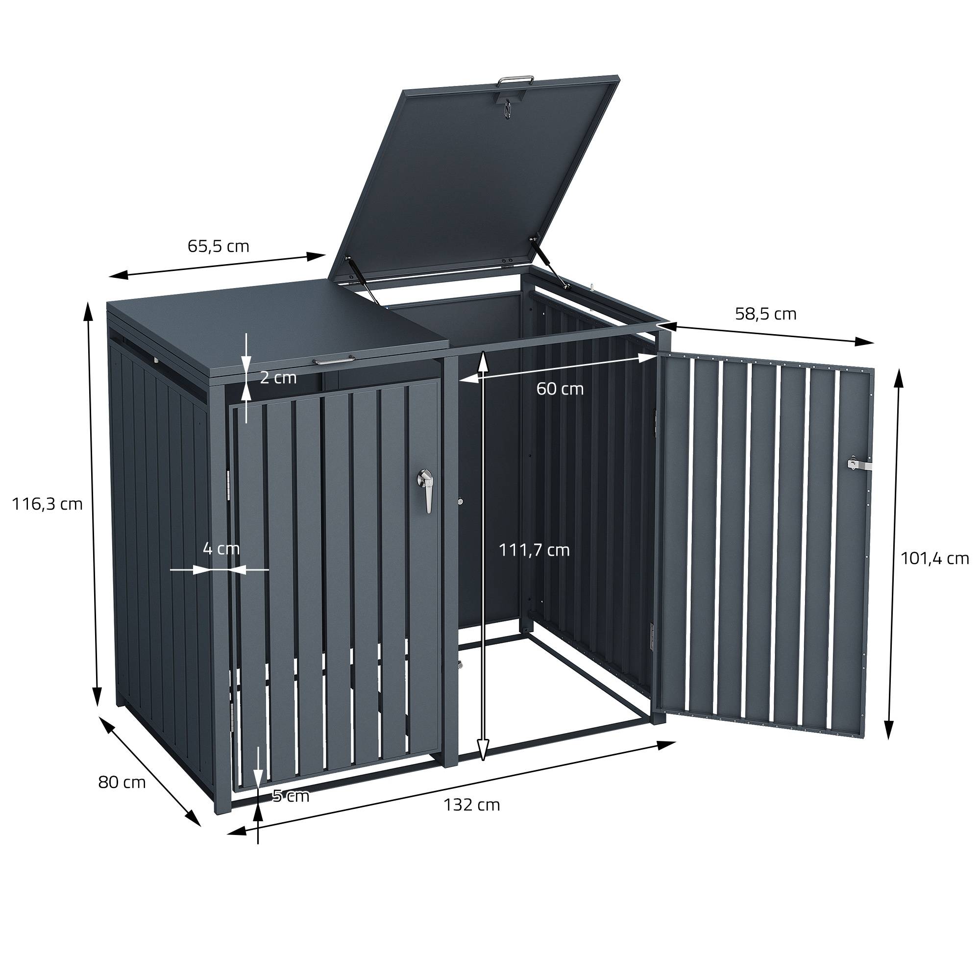 Abri pour 2 poubelles 132x80x116,3 cm 60 à 240 litres par compartiment anthracite acier couvercle rabattable et 2 portes résistant aux intempéries - Image 8