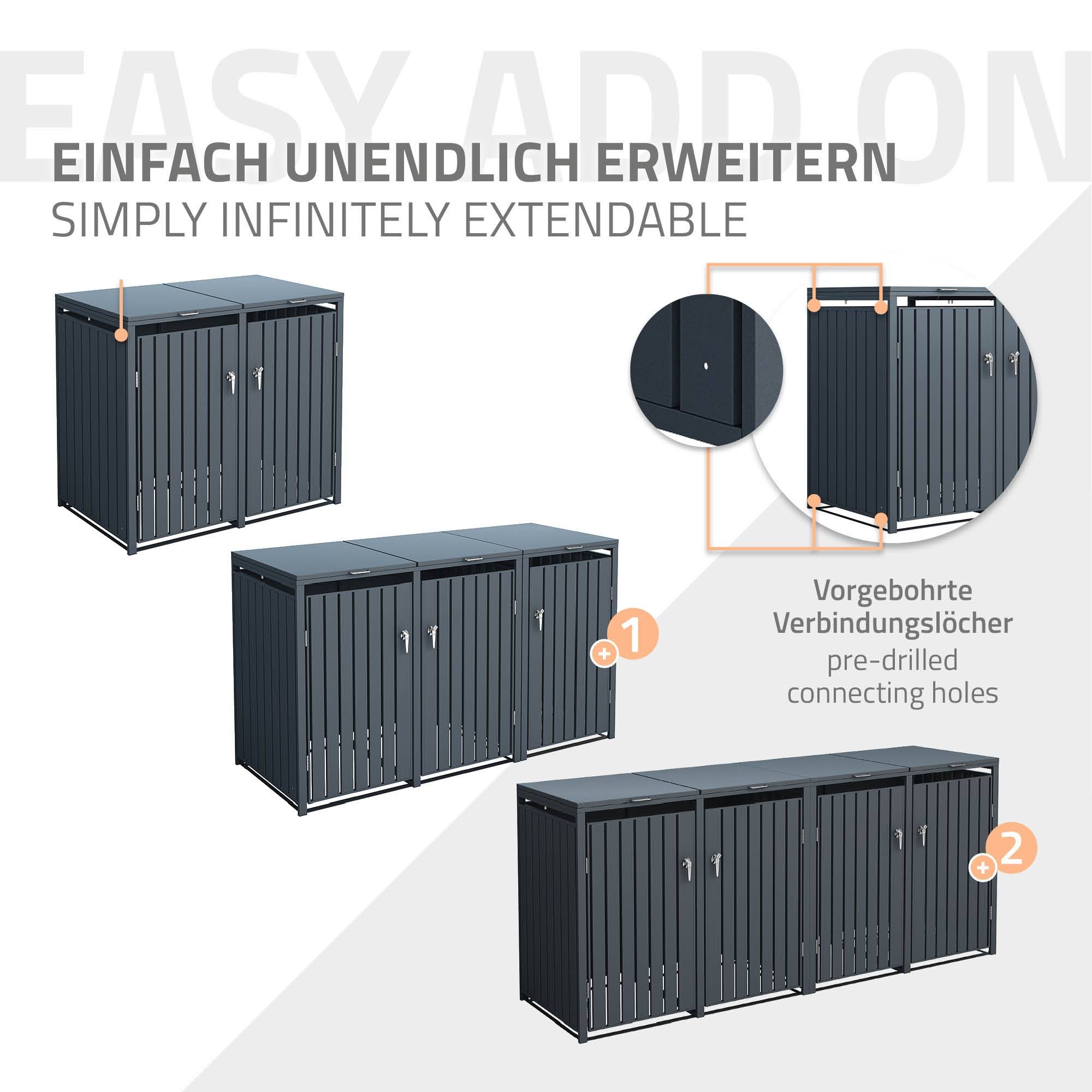 Abri pour 2 poubelles 132x80x116,3 cm 60 à 240 litres par compartiment anthracite acier couvercle rabattable et 2 portes résistant aux intempéries - Image 7