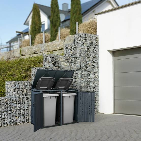 Abri pour 2 poubelles 132x80x116,3 cm 60 à 240 litres par compartiment anthracite acier couvercle rabattable et 2 portes résistant aux intempéries - Image 9