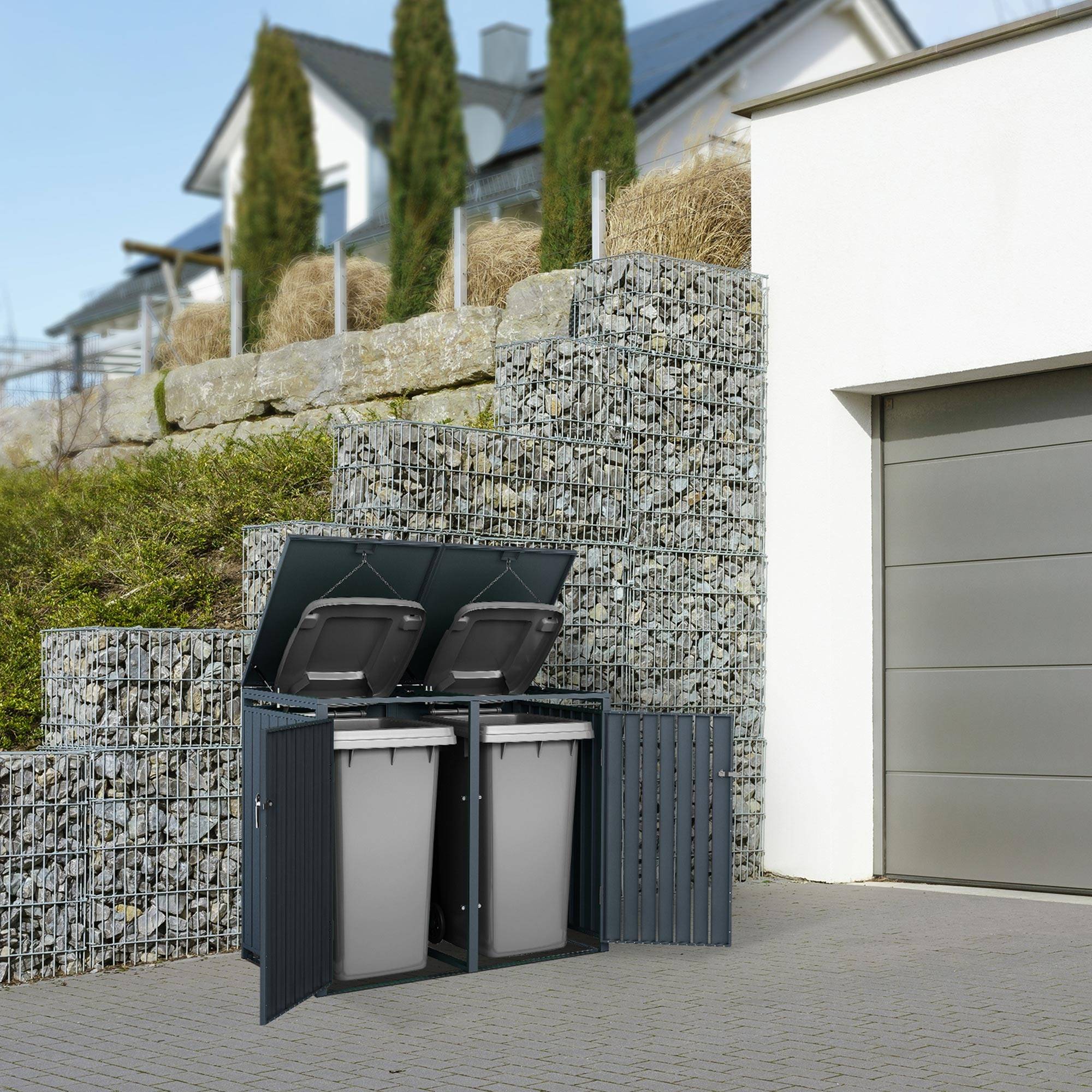 Abri pour 2 poubelles 132x80x116,3 cm 60 à 240 litres par compartiment anthracite acier couvercle rabattable et 2 portes résistant aux intempéries - Image 9