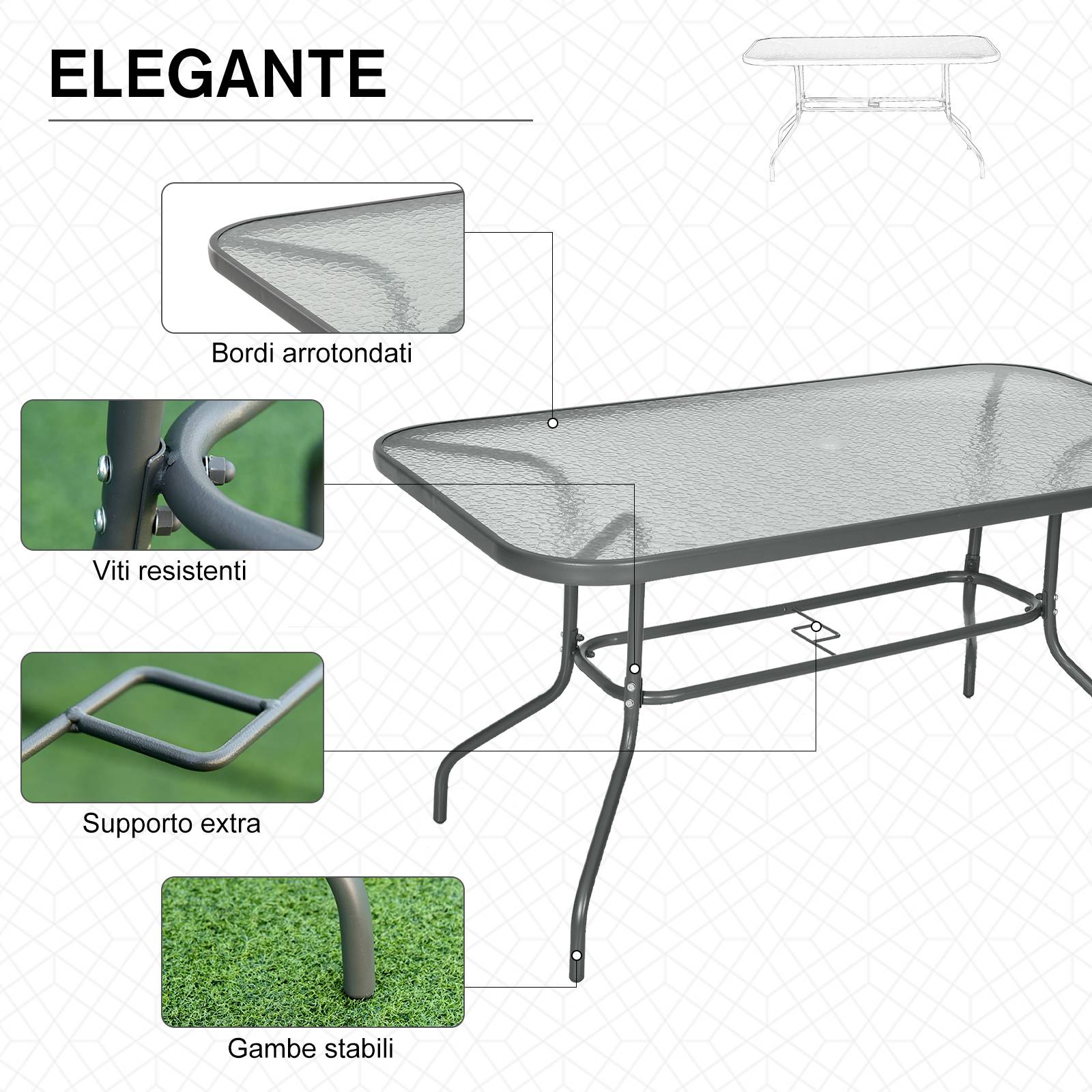 ComfortXL - Grande Table de Jardin Métal Verre Trempé Terrasse Trou Parasol 140x80cm - ComfortXL Outdoor Living - Image 7