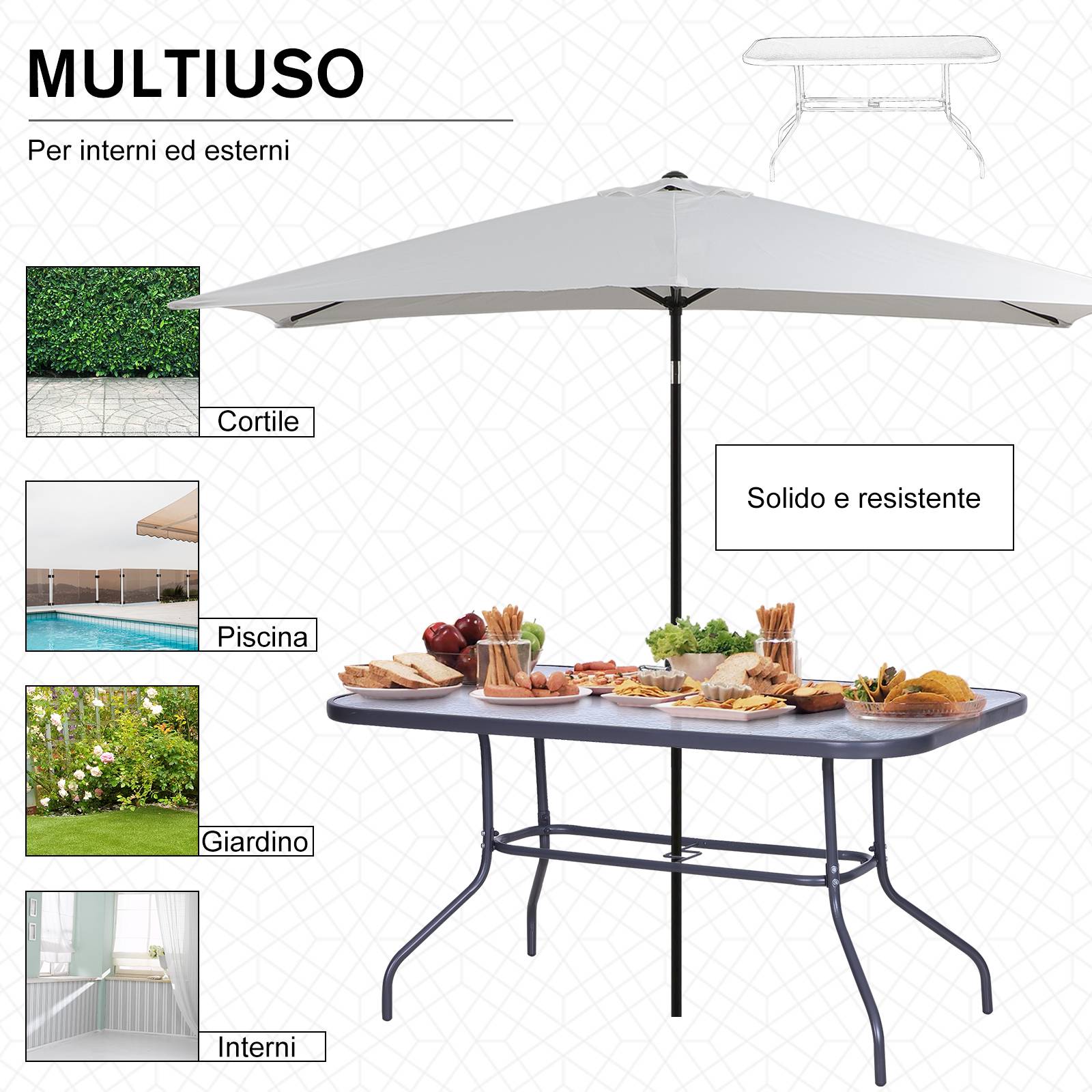 ComfortXL - Grande Table de Jardin Métal Verre Trempé Terrasse Trou Parasol 140x80cm - ComfortXL Outdoor Living - Image 9