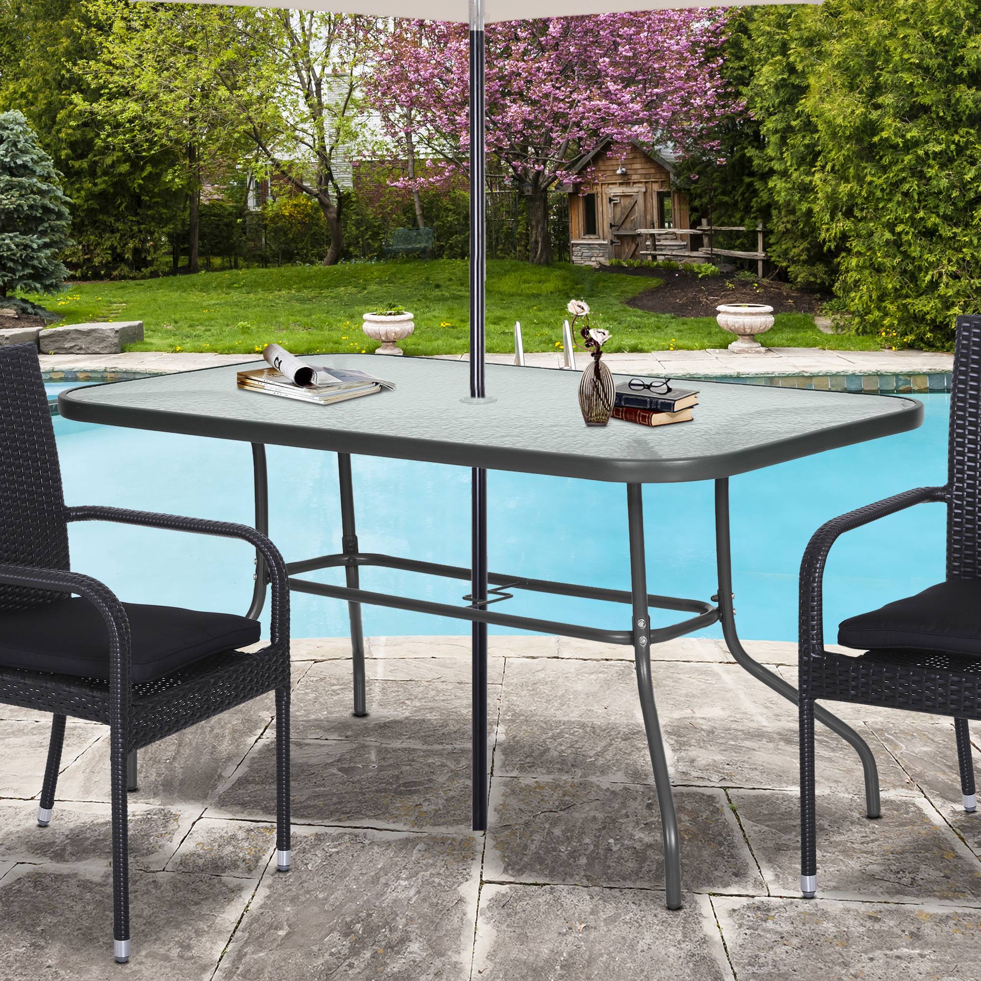 ComfortXL - Grande Table de Jardin Métal Verre Trempé Terrasse Trou Parasol 140x80cm - ComfortXL Outdoor Living - Image 4
